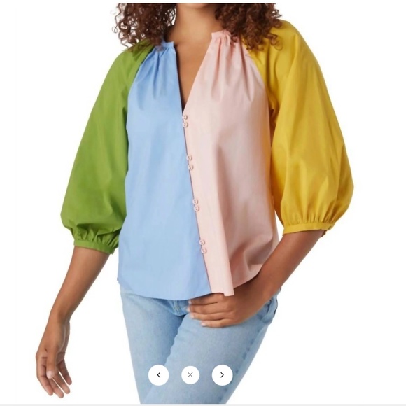 NEW CROSBY by Mollie Burch 3/4 Balloon Sleeve Split V-Neck Colorblock Top Size S - Picture 1 of 7